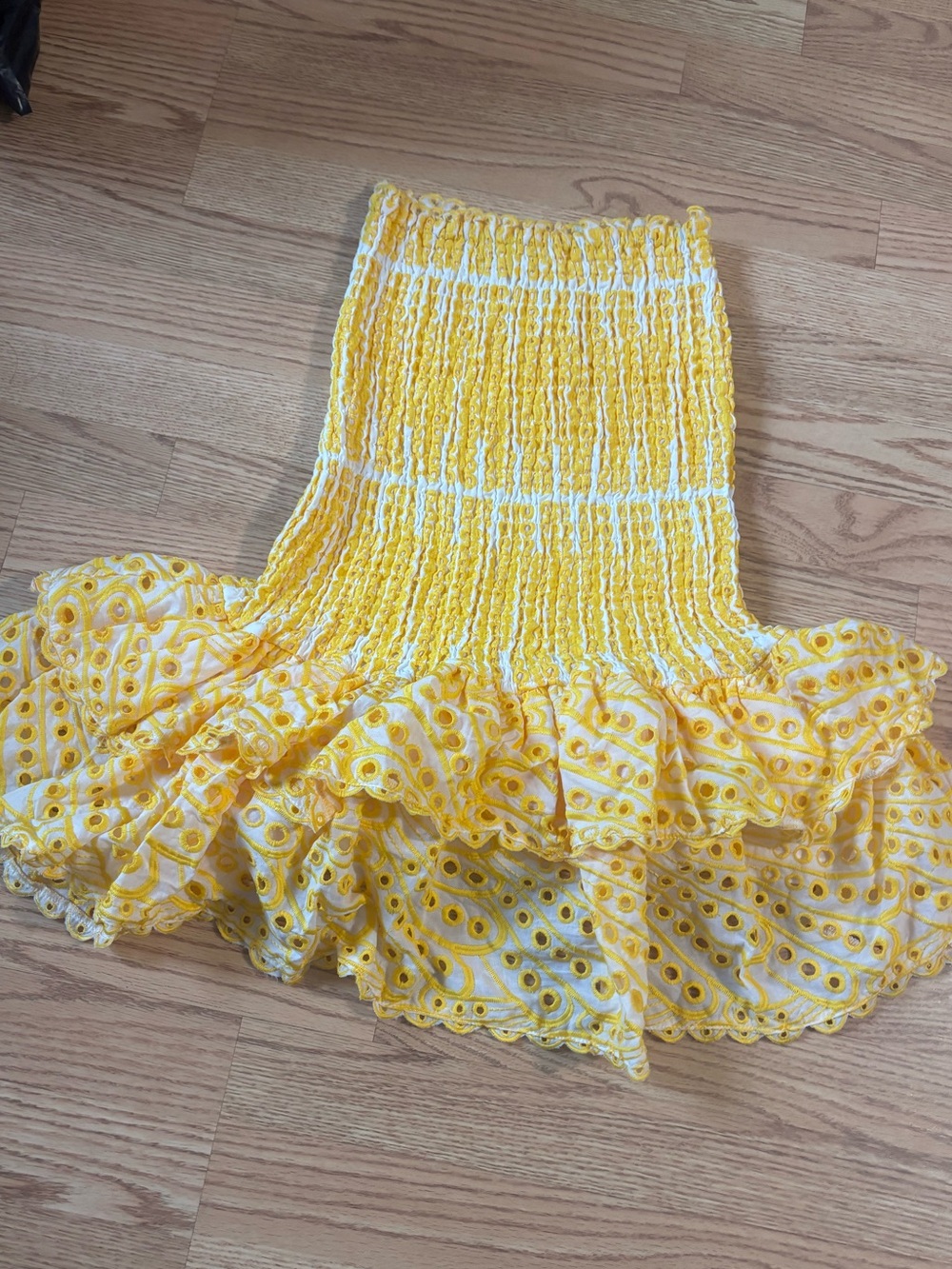 Smocked Yellow Eyelet Circle Skirt with Ruffle Hem